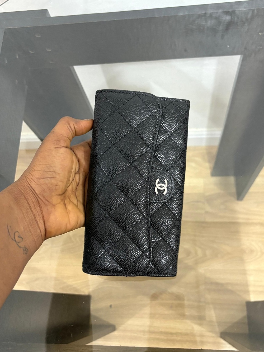 Black Quilted Caviar Leather Long Wallet with Silver CC